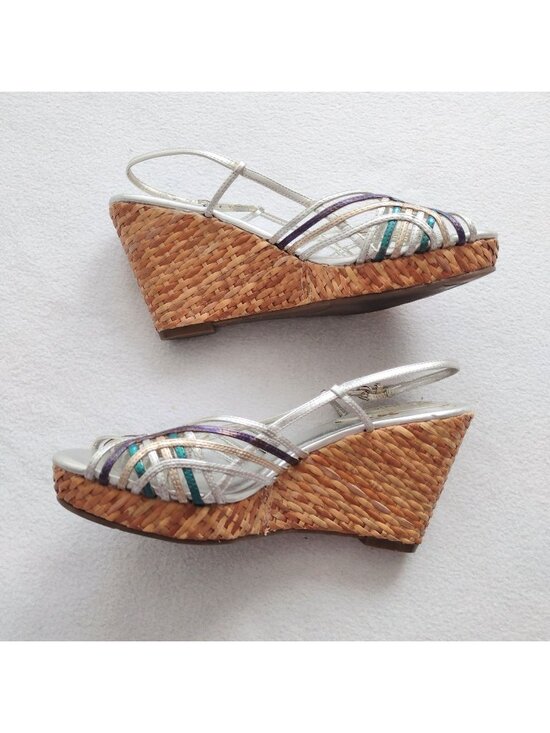 Connie Shoes - Connie Metallic Strappy Slingback Wedge 8.5 M Silver Straw Sandals